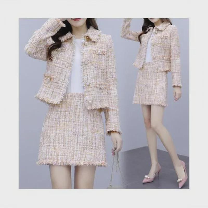 Autumn Korean Tweed Two-Piece Suit: Short Jacket & Skirt for Women In Chic Style