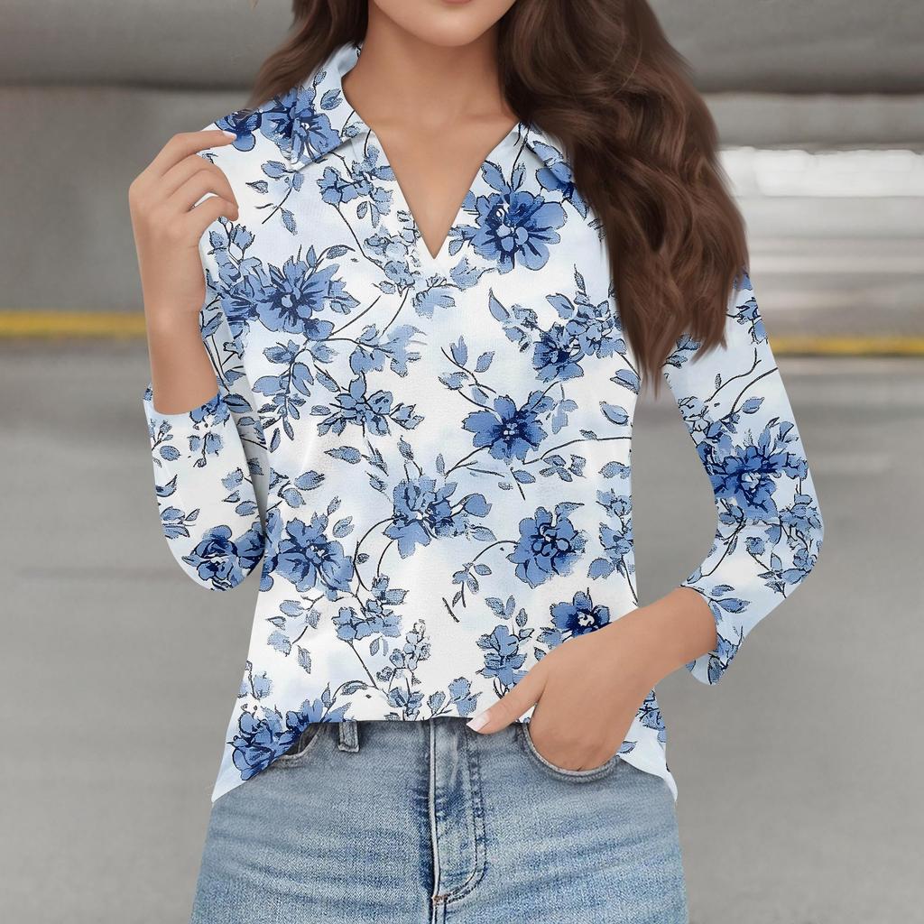 Женская мода повседневная весенняя футболка с V-образным вырезом и лацканами, длинный рукав