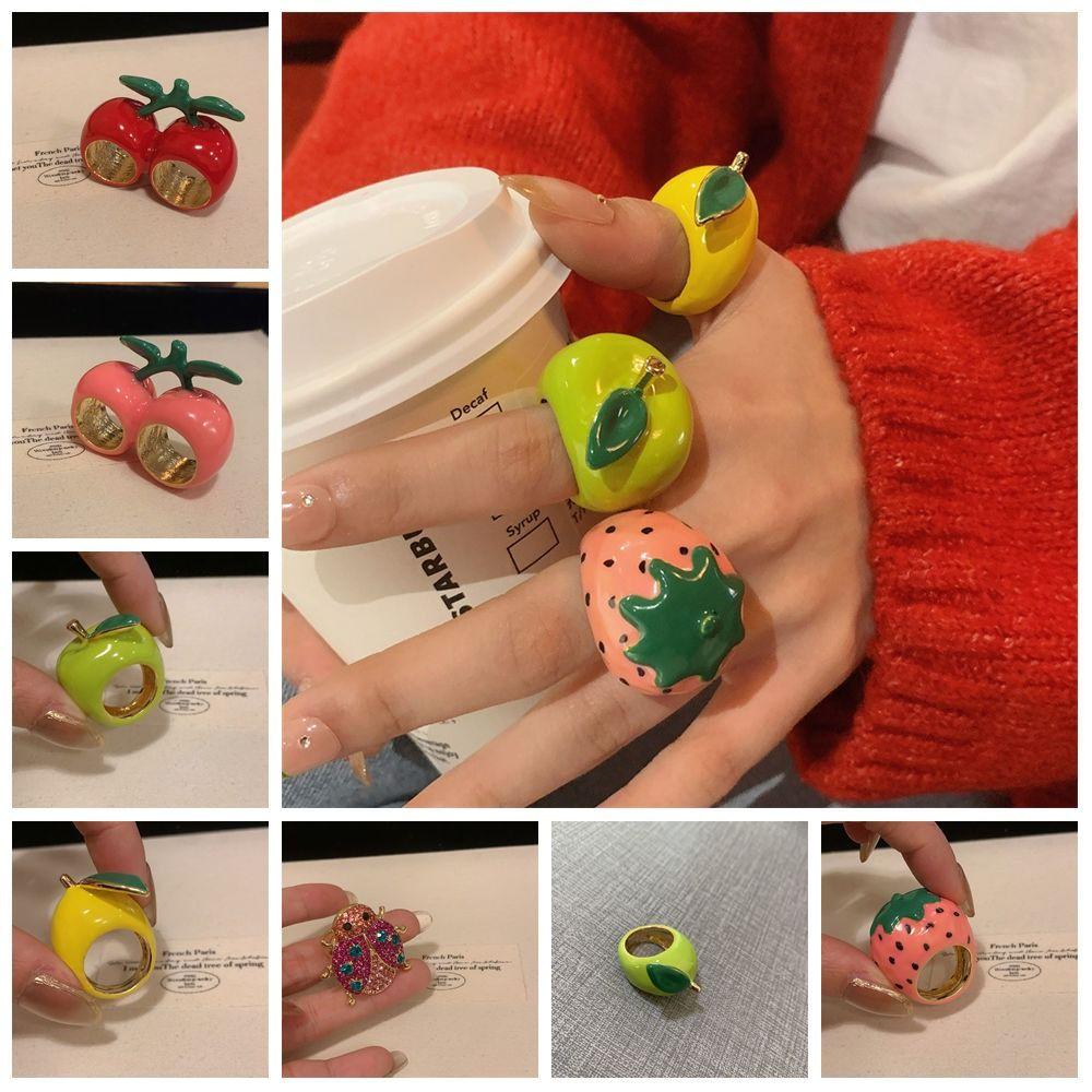 Cherry Drip Oil Ring Lemon Fruit Enamel Ring Personality Painting Ring Women