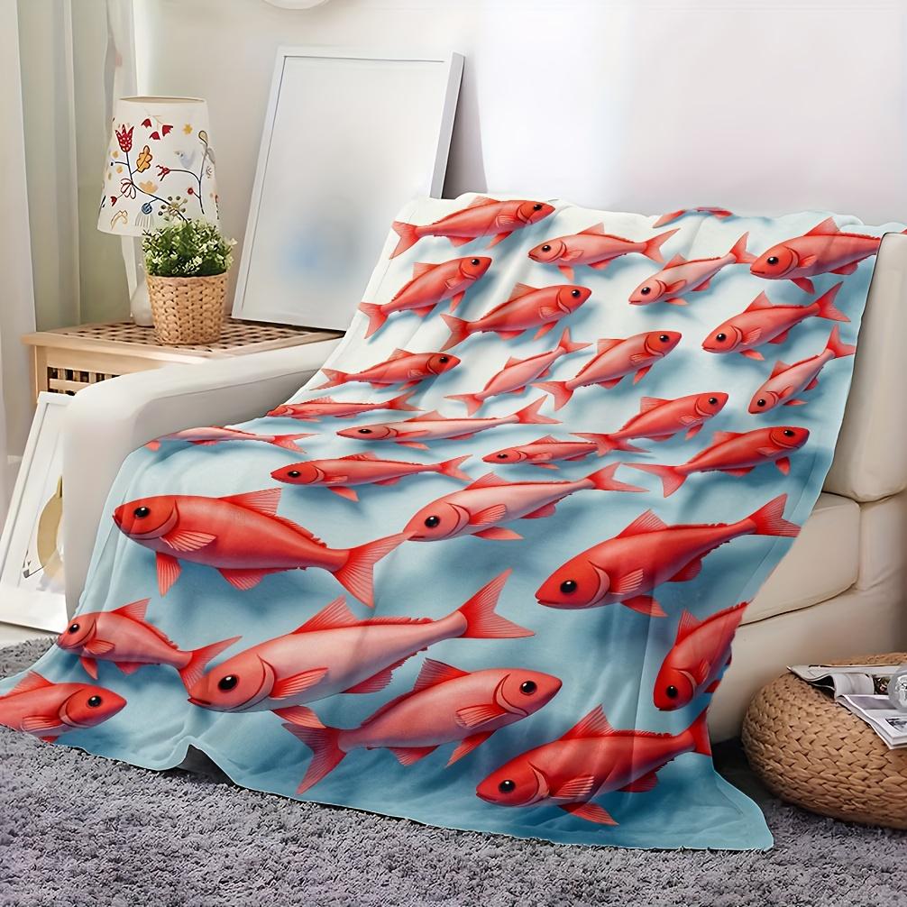 1pc Ocean Fish Blanket - Soft Flannel-like Texture, Red Fish Pattern in Blue Ocean Background - All-Season Cozy Throw for Bed