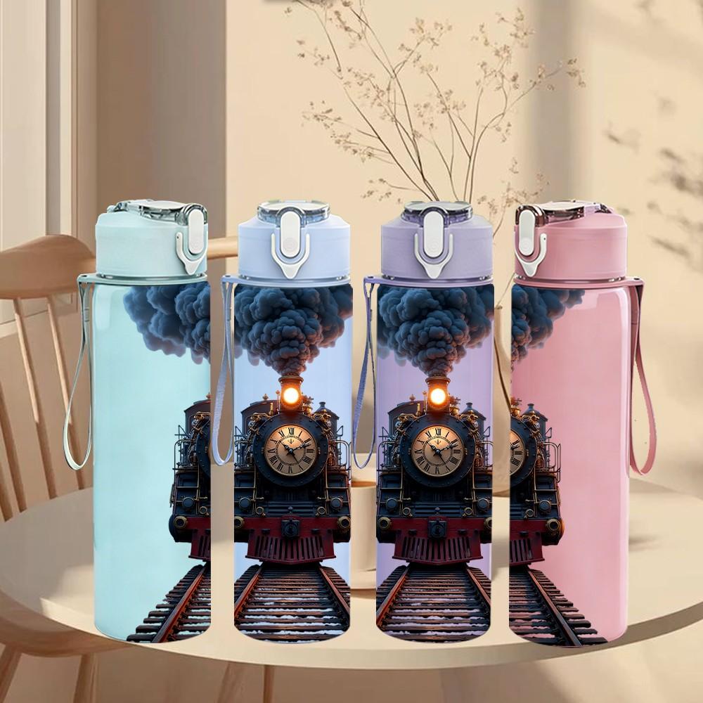 1PC Vintage Steam Train Locomotive Print 750ml Color Plastic Sports Water Bottle Leakproof Flip Straw Lid Suitable for Sports Office Home Use