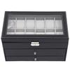 3 Layer Leather Watch And Eyeglasses & Sunglasses Box With Jewelry Display Drawer Metal Buckle Case Organizer Black
