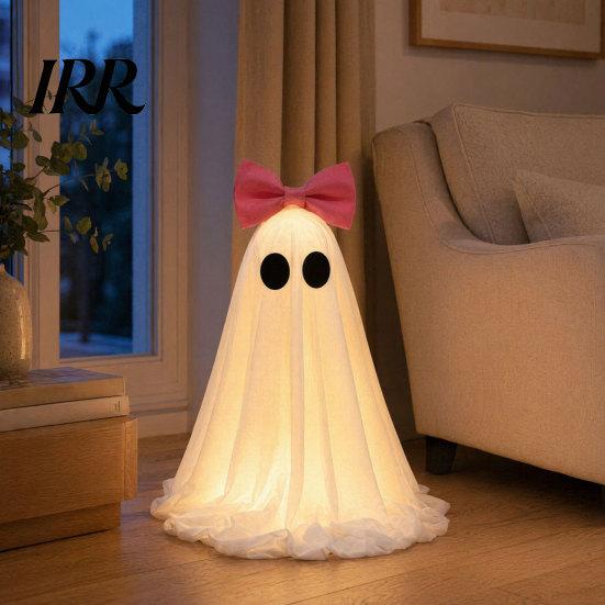 Cute Ghost Halloween Ornament LED Decoration, Pink Bow Tabletop Ornament, Soft Decoration Fabric Haunted House Decor with Warm Glow for Home Flexible