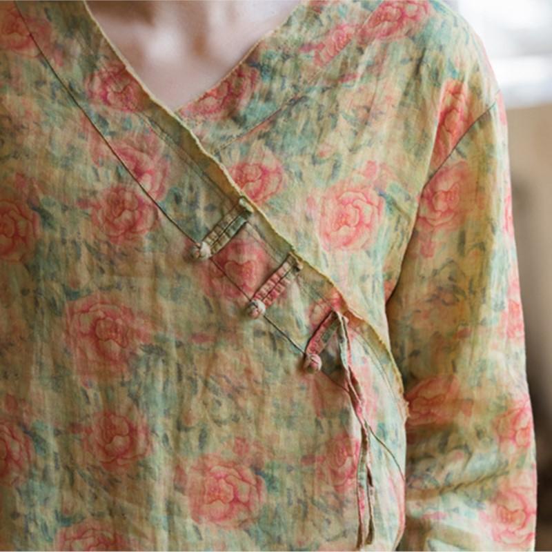 Johnature Women Chinese Style Shirts Tops V-Neck Long Sleeve Spring Print Floral Blouses Women Vintage Ramie Shirt