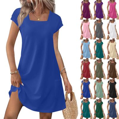 Летние платья для женщин Свободные с квадратным вырезом с короткой рукавом Повседневные для пляжного отдыха Платье-футболка Сарафаны с карманами