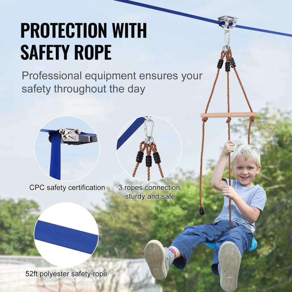 VEVOR Zipline Kit for Kids and Adult, 52 ft Zip Line Kits Up to 500 lb, Backyard Outdoor Quick Setup Zipline, Playground Entertainment with Zipline