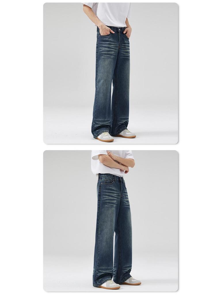 LKTM Джинсы унисекс в американском ретро-стиле, темно-синие, микроклеш, с потертостями, длинные
