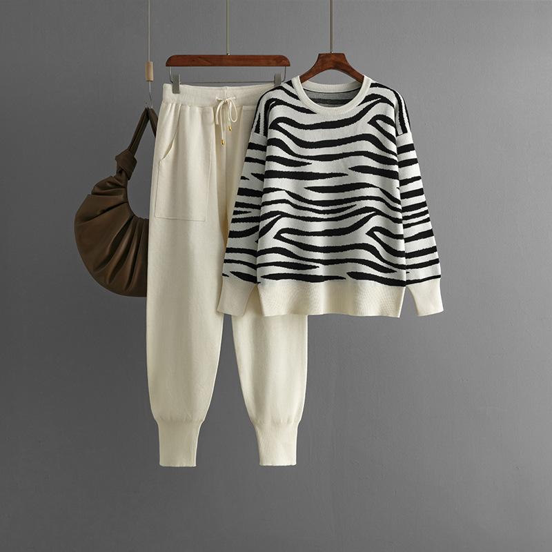 Fall Winter Lazy Wind Loose O Collar Pullover Sweater Suit Women Solid Color Long Sleeve Knit Wide Leg Pants Two Piece Set