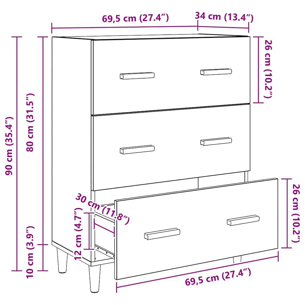 Sideboard in Black Oak Look 69.5 x 34 x 90 cm Wood Based Material