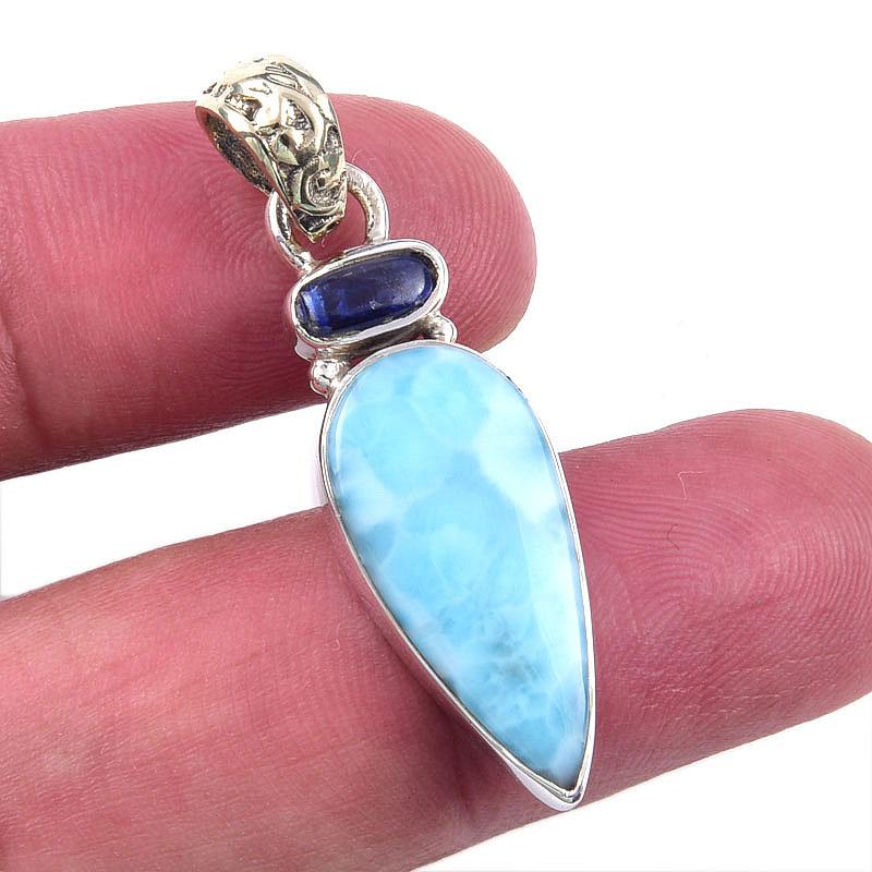 Natural Republic Larimar, Kyanite 925 Solid Sterling Silver Pendant 1.50'' K8v74