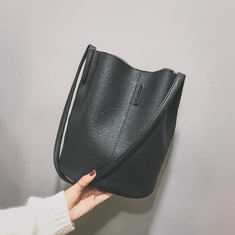 Women PU Leather Handbags Black Bucket Shoulder Bags Ladies CrossBody Bags Large Capacity Ladies Shopping Bag Vintage Soft CLE