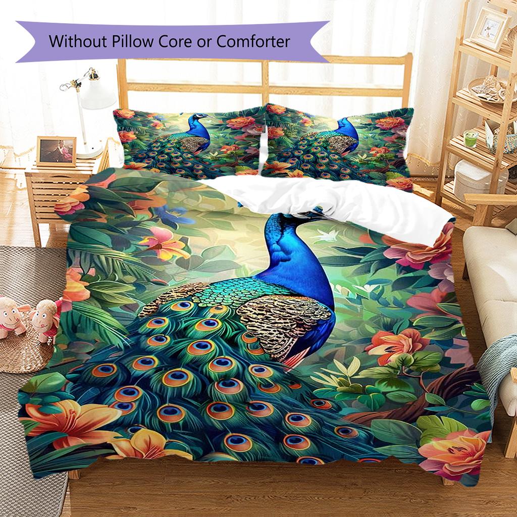 Peacock Oil Painting Pattern Bedding Quilt Set Quilt Cover Pillowcase Home Decoration Birthday Gift (1 * duvet cover + 2 * pillowcase, without core)