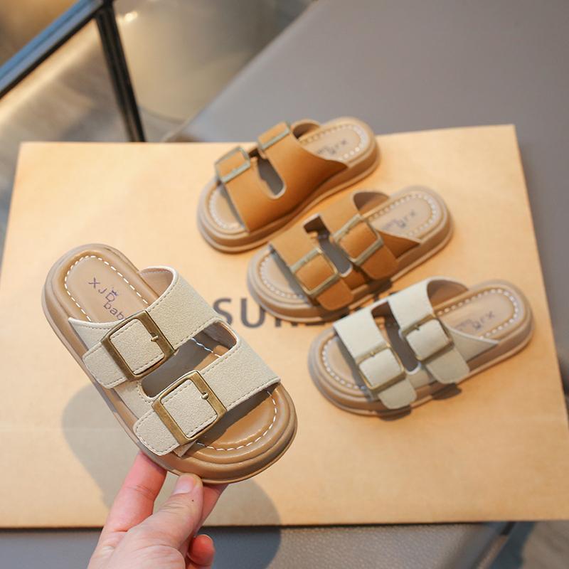 Детские ретро-тапочки, модные повседневные туфли для мальчиков и девочек, с открытым носком и пряжкой, классные детские летние пляжные тапочки, однотонные, простые, новые