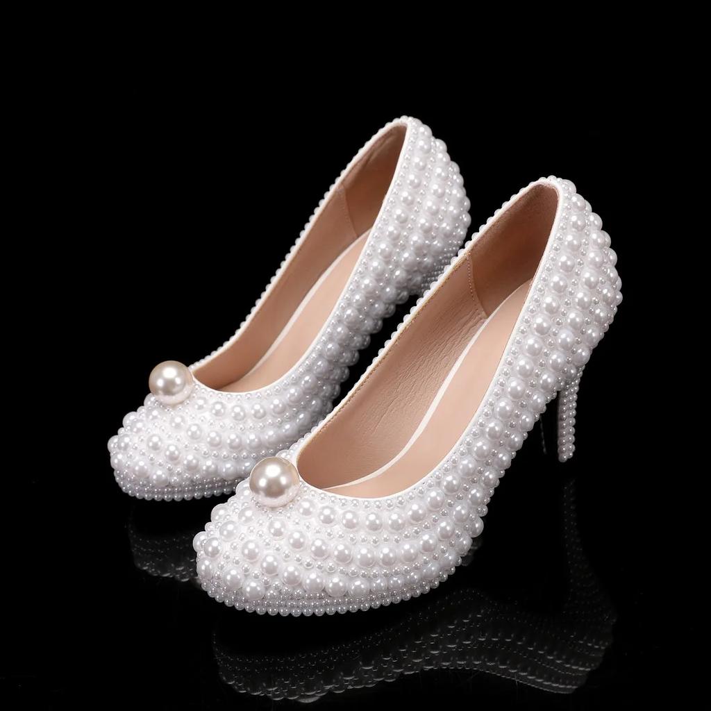 Fashion New Luxury High Heel Women's Shoes 8.5cm Thin Heel Pointed White Pearl Bridal Wedding Shoes Fashionable Shallow Mouth High Heels