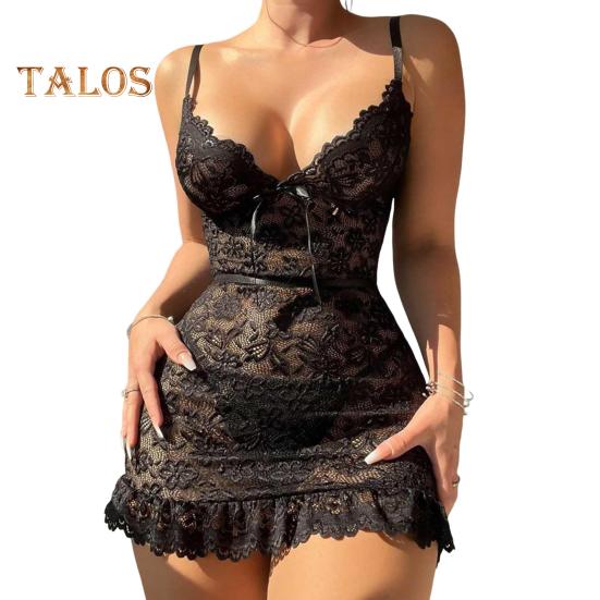 Женская ночная рубашка с V-образным вырезом, ажурной цветочной вышивкой, без рукавов, облегающая ночная рубашка с оборками и подолом, прозрачная соблазнительная ночная рубашка для спальни