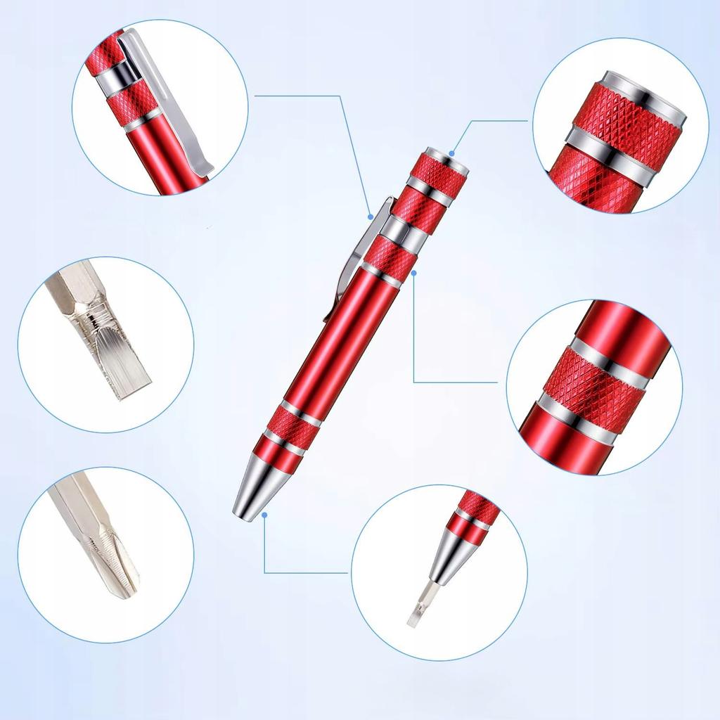 Pocket-Sized Precision Screwdriver With 8 Bits In The Shape Of An Aluminum Pen