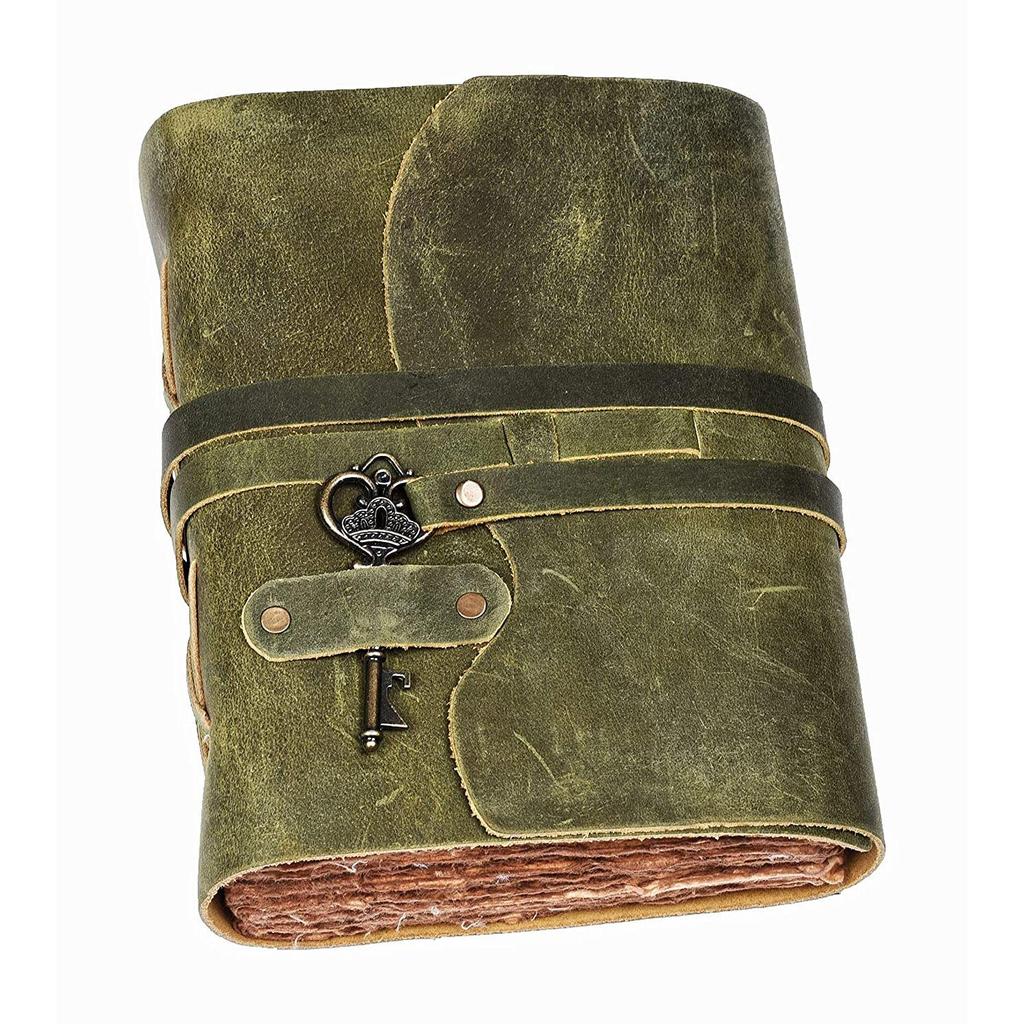 Винтажный кожаный дневник ручной работы - Винтажные страницы ручной работы - Старинная застежка на ключ - Зеленый цвет. Размер 8X6 дюймов