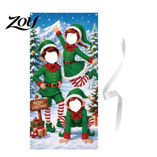 Winter Party Decoration Backdrop Christmas Photo Banner with Face Cutout Decorations, Santa Snowman Holiday Portrait Photography Background Backdrop,