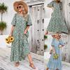 Women's Summer Maxi Dress O-neck Puff Sleeve Floral Print Long Dress Loose High Waist Ankle-Length Dresses