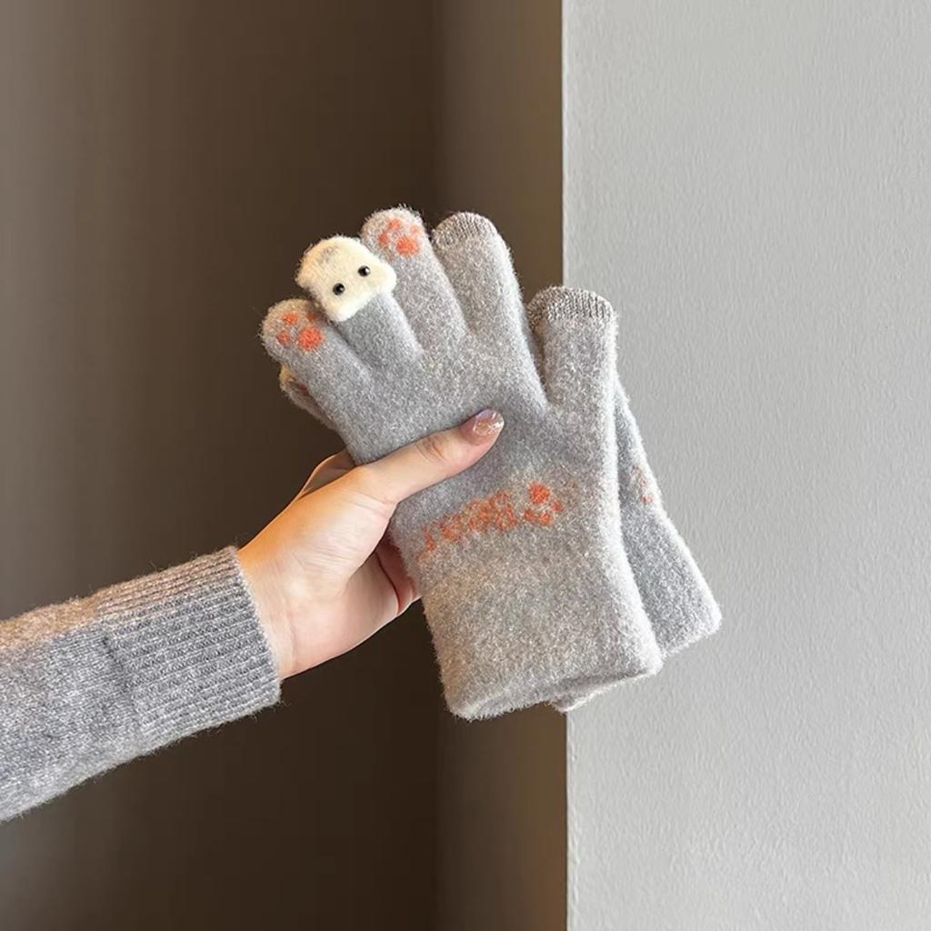 Милые перчатки с сенсорным экраном на пять пальцев для женщин на зиму Теплые и бархатные утолщенные Студенческие велосипедные Зимний новый стиль Холодо- и ветрозащитные