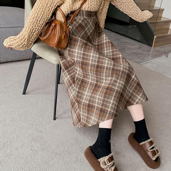 Women Midi Skirt High Waist A-Line Woolen Skirt Plaid Pattern Slimming Mid-calf Skirt Daily Home Street Wear