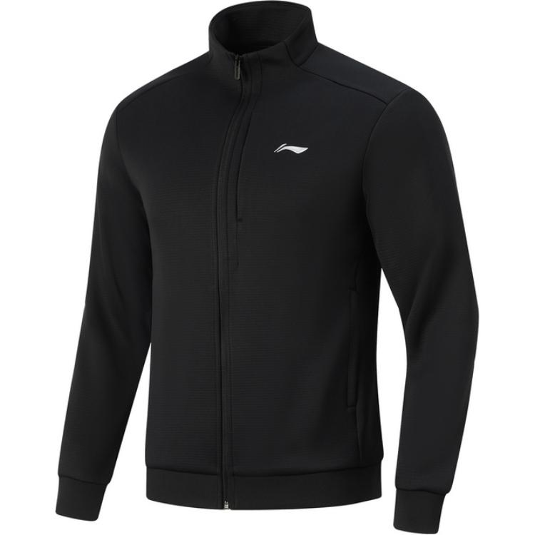 Li Ning Fitness Series Brand Logo Повседневный удобный кардиган с воротником-стойкой, мужская толстовка, черный цвет AWDU395-4
