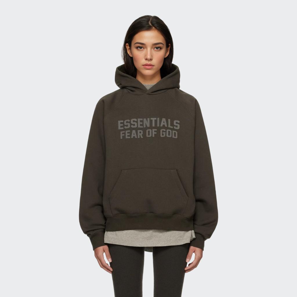 Fear of God Essentials Флисовая толстовка с вельветовым логотипом, длинный рукав, унисекс, цвет Дерево, Черно-коричневый, FOG-FW22-558