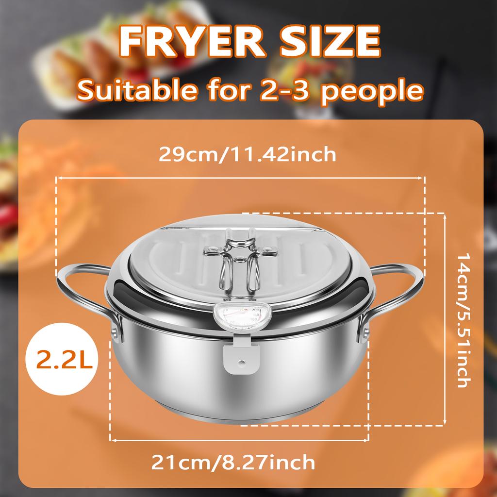 21/24/28 CM Deep Fryer Pot Stainless Steel Oil Pan with Strainer Basket and Thermometer Tempura Oil Fryer for Cooking Kitchen