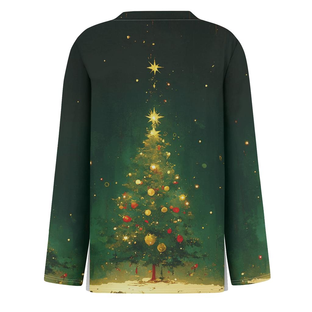 Women's Fashion Casual Slit Hem Round Neck Long Sleeve Loose Printed T-Shirt Top