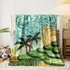 Swirling brushstrokes with palm trees, sun, and tiered green hills. for all seasons blanket lunch break throw gift