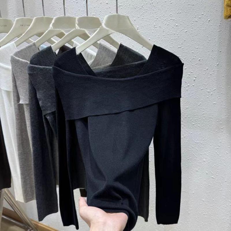 One-word Shoulder Long-sleeved Knitted Bottoming Shirt for Women's Early Autumn Inner Wear Atmosphere Sweater, Thin Waist Top