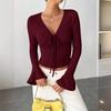 Yousheng Women Tops V-neck Flared Long Sleeve Lace-up Pullover Tops Slim Fit Solid Color Casual Tops Versatile Daily Wear