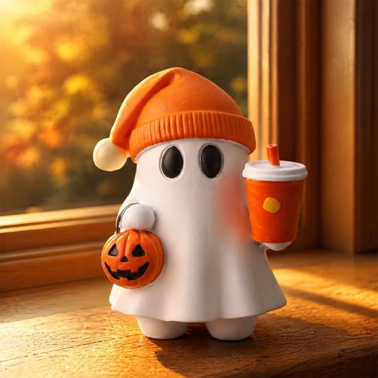 Cute Resin Ghost Figurine Halloween Figurine, Reading Statue, Ornament with Collectibles Pumpkin Bucket, Skeleton Puppy Tabletop Decor for Home