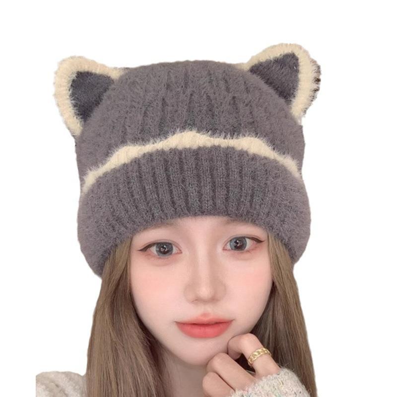 Зимняя теплая женская симпатичная шапка-бини, повседневная мешковатая меховая шапка с кошачьими ушками, аксессуары для головных уборов