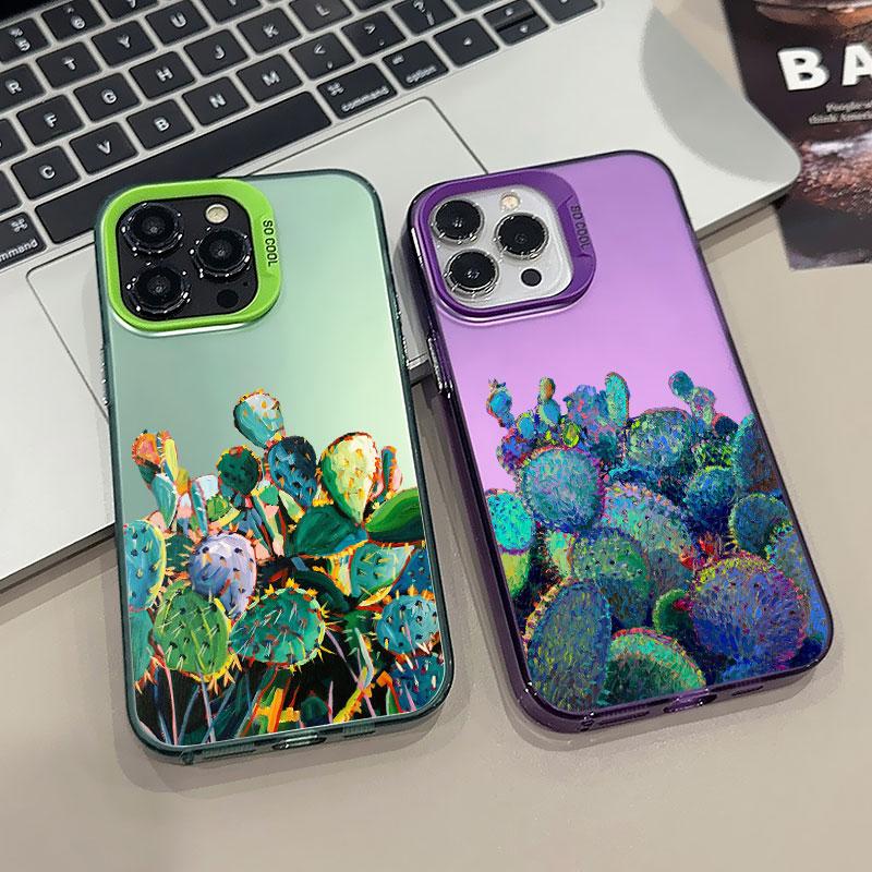 Cute Cactus Oil painting Pattern Phone Case For iPhone 16 12 11 Pro Max 15 14 13 Pro Max Mini 15 14 plus Shockproof Laser Covers