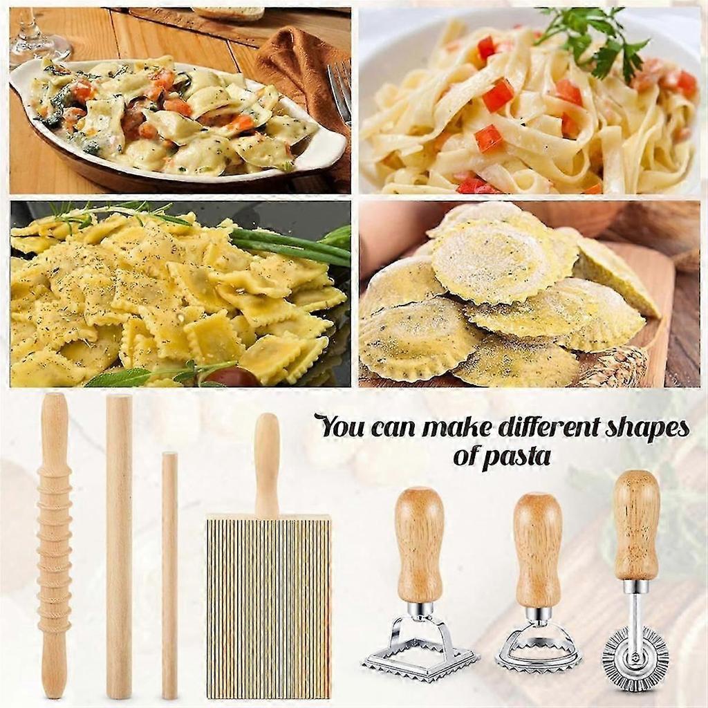 7 Pcs Pasta Making Tool, Wood Gnocchi Board with Ravioli Stamp and Rolling Pin Set, Pasta Maker for