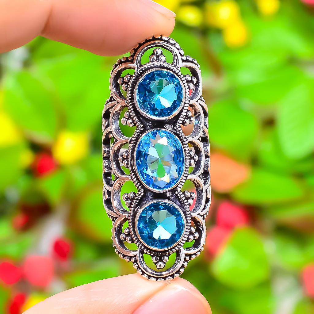 Swiss Blue Topaz Handmade 925 Sterling Silver Jewelry Ring Size 7 Y3K70