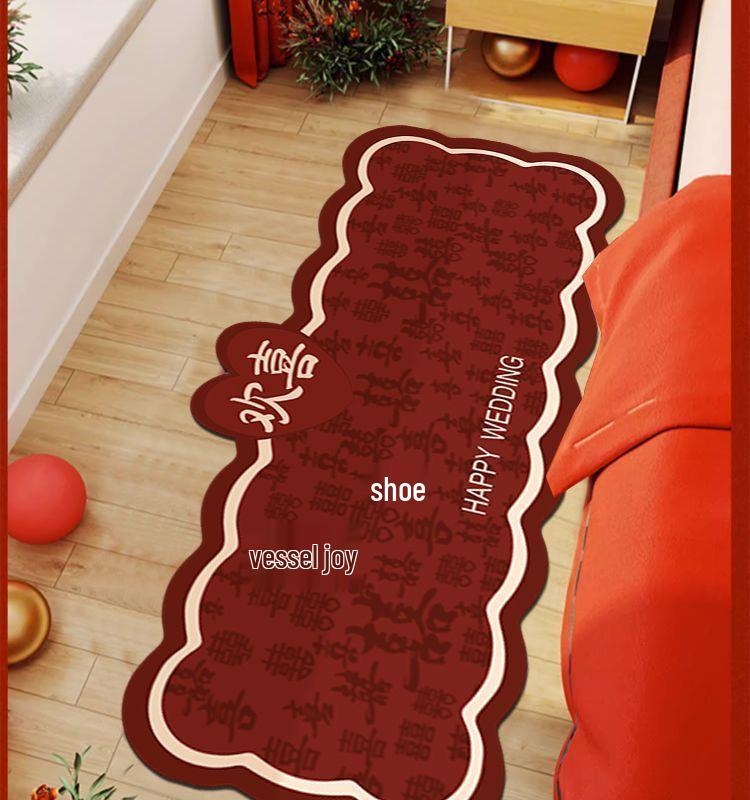 Red Wedding Room Non-Slip Bedside Rug - Double Happiness Design