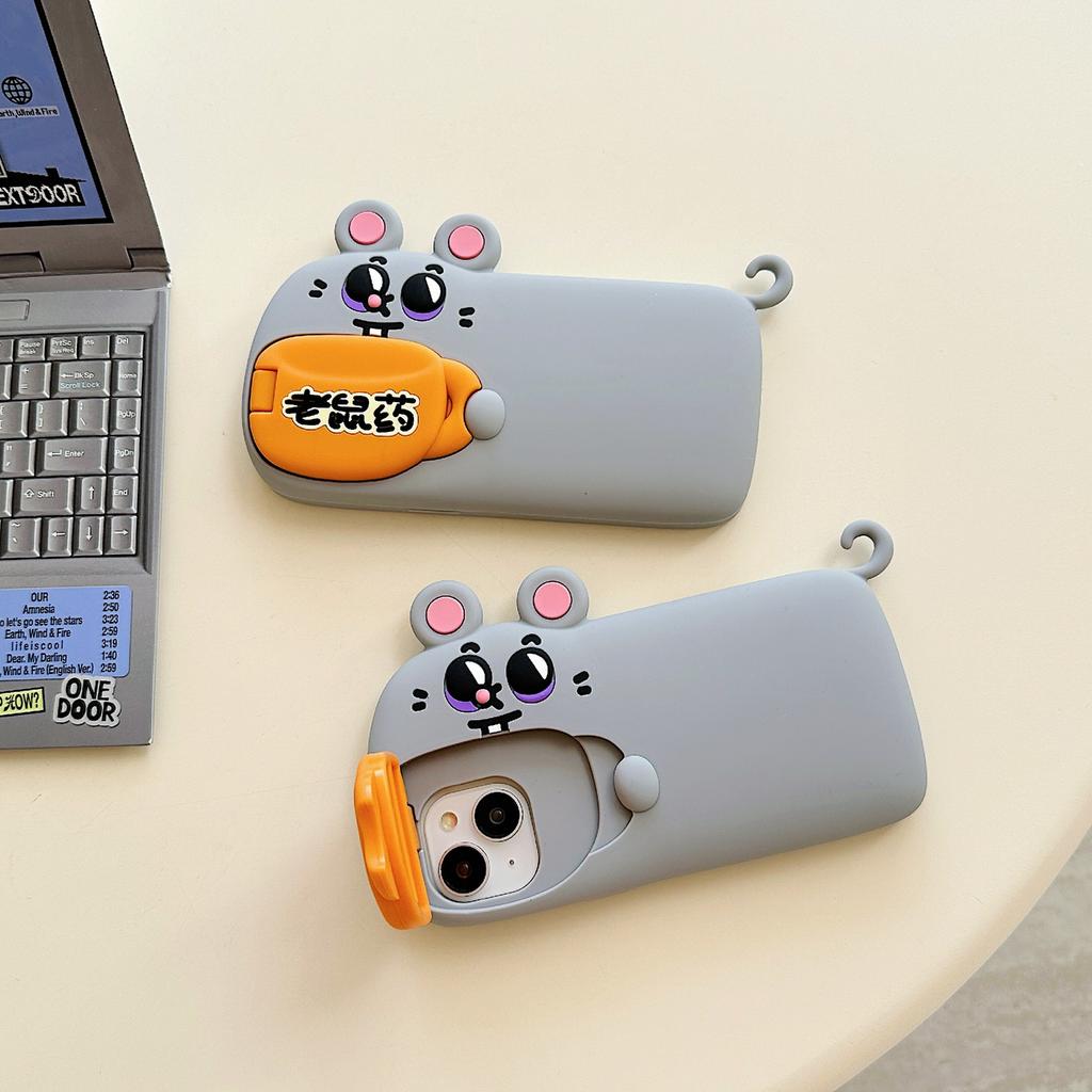 For iPhone 15 Silicone Case Cute Rat and Rat Poison Design Lens Cover Kickstand Phone Back Cover