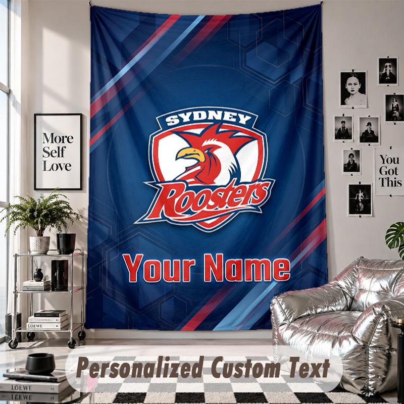 Wall Hanging Tapestry With Custom Name & Text, Sydney Roosters Decorative Tapestry For Bedroom