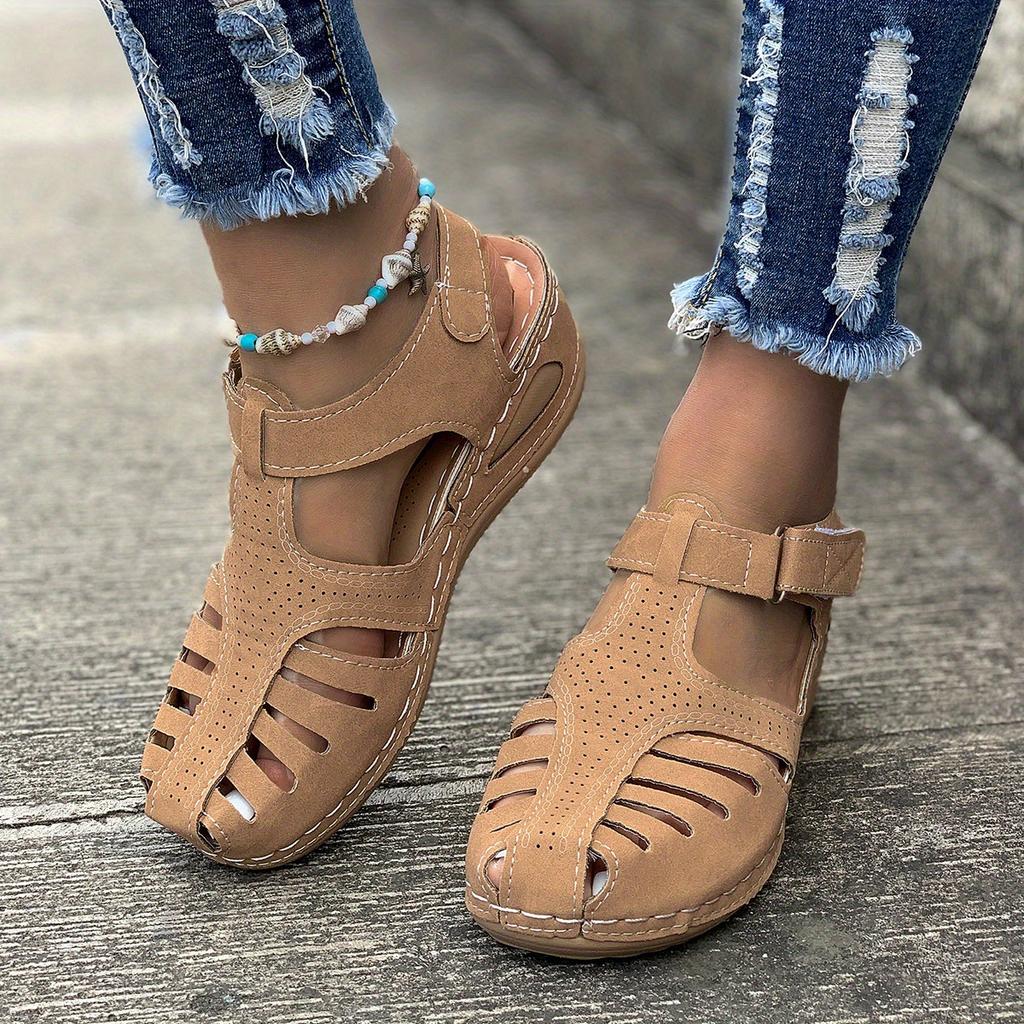 Women's Retro Wedge Sandals, Closed Toe Hollow Trendy Shoes, Casual Slingback Sandals