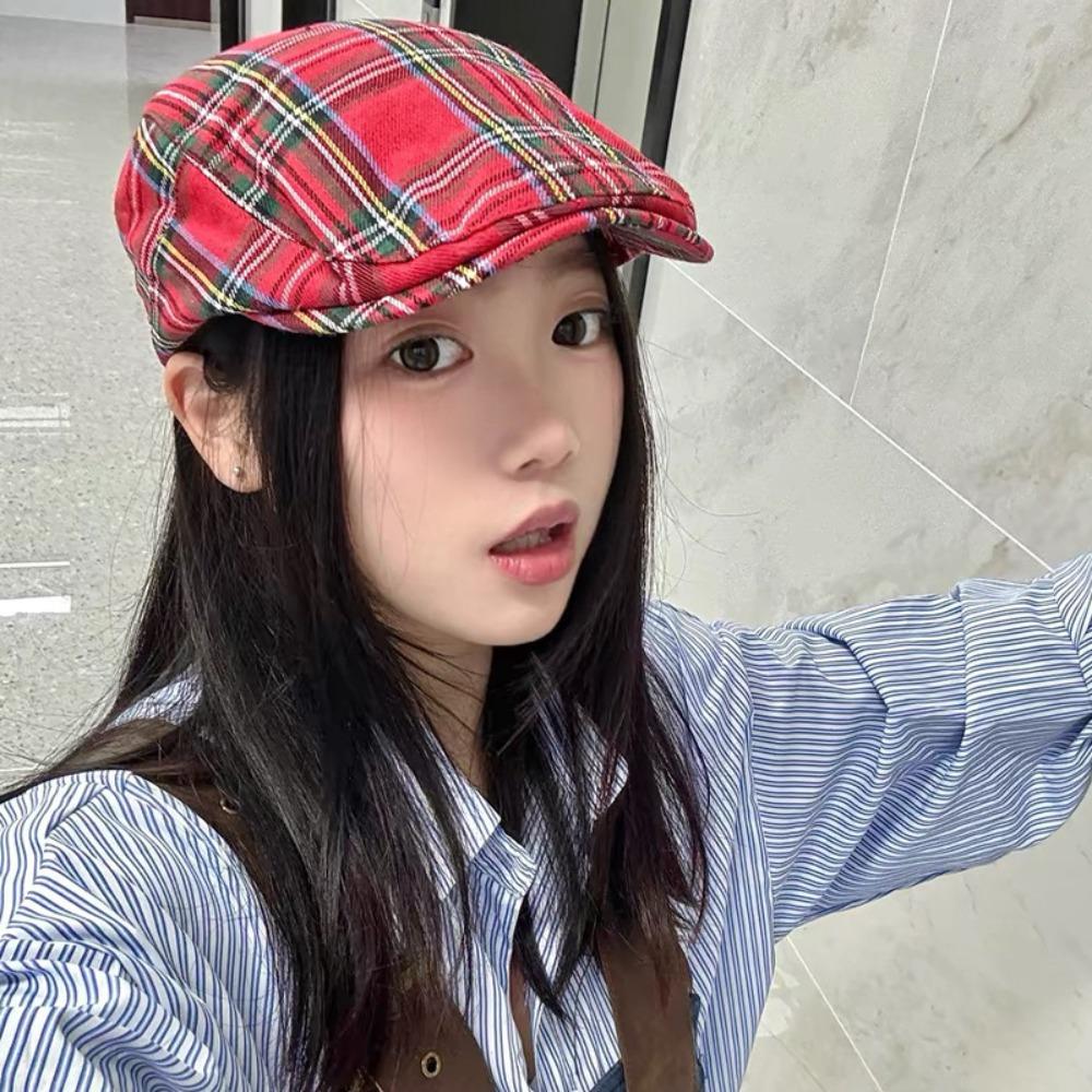 Ретро Клетчатый Берет Хлопковая Ткань Кепка Художника Повседневная Женская Шляпа Художника Работа