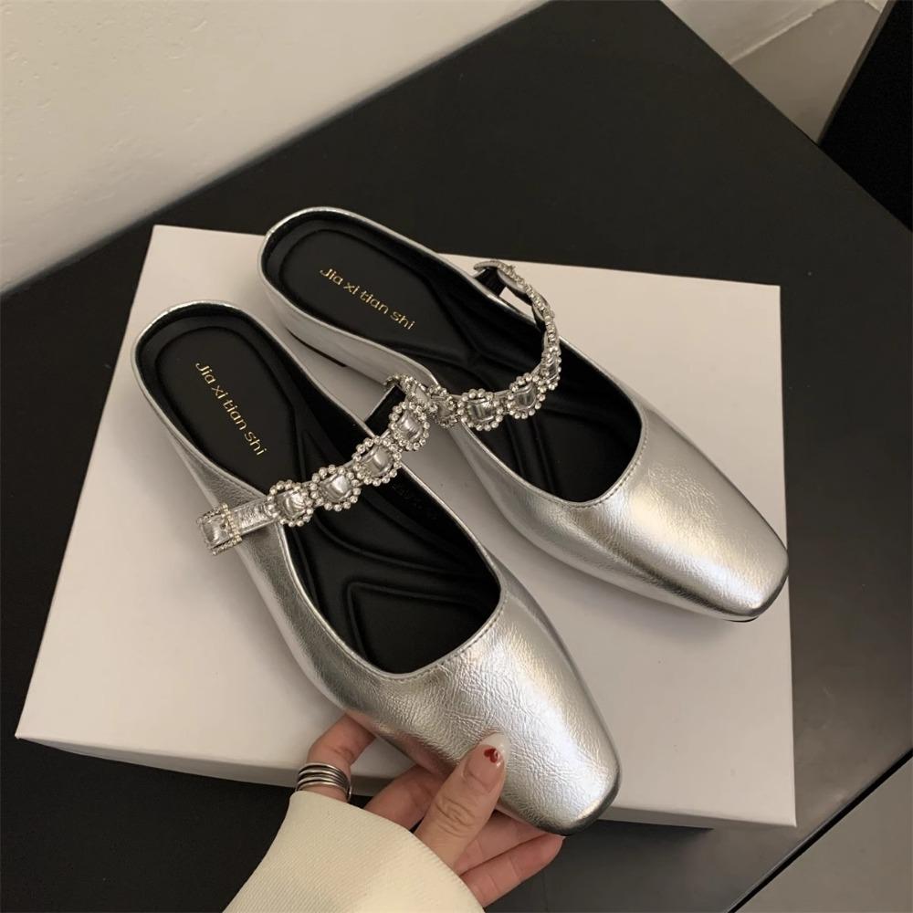 Fashion Fangtou Baotou Half Slippers for Womens 2025 Spring/autumn New Outerwear with Skirt Diamond Chain Thick Bottom Slippers Women's