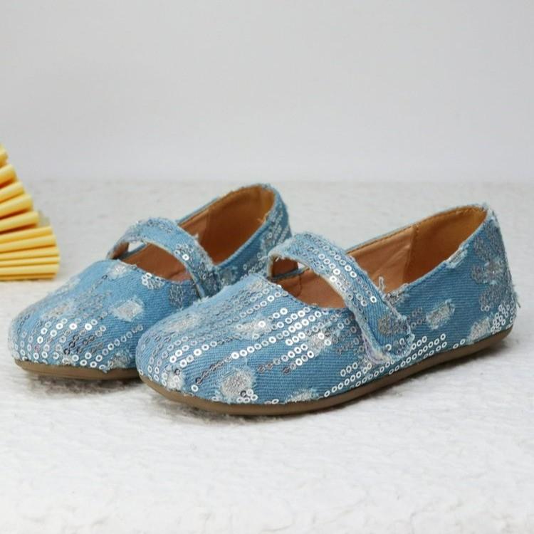 Туфли на плоской подошве для девочек, детские туфли принцессы из денима с пайетками, модные детские кожаные туфли для вечеринки, свадьбы, весна-осень 2024, новинка