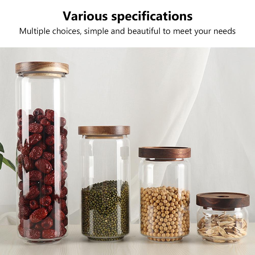 Банка для хранения продуктов питания Деревянная крышка Стеклянная герметичная канистра Кухонные бутылки для хранения Банки Контейнер для пищевых продуктов Зерна Зерна Контейнеры для банок для конфет