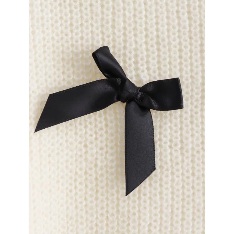 2024 Ранняя осень Новый дизайн Sense Niche Универсальный топ с круглым вырезом Белый с бантом Приталенный свитер с короткими рукавами