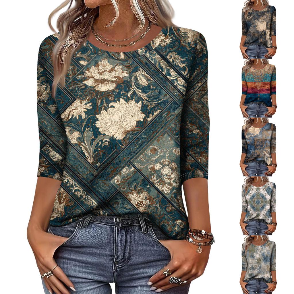 Trendy Vintage 3/4 Sleeve Top For Women ,Ladies Casual Three Quarter Sleeve Round Collar Printed T-Shirt Blouse