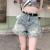 Vintage High Waisted Ripped Frayed Denim Shorts for Women Summer A Line Distressed American Retro Style