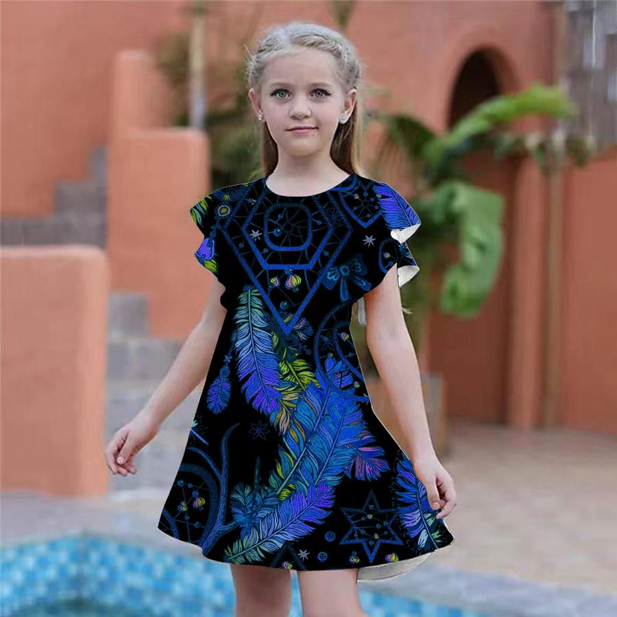 Girls Blue Shiny Feather Print Dresses Kids Girl Party Dress Loose Fitting Loose Fitting Short Sleeved Skirt For Girls Over Four Years Old