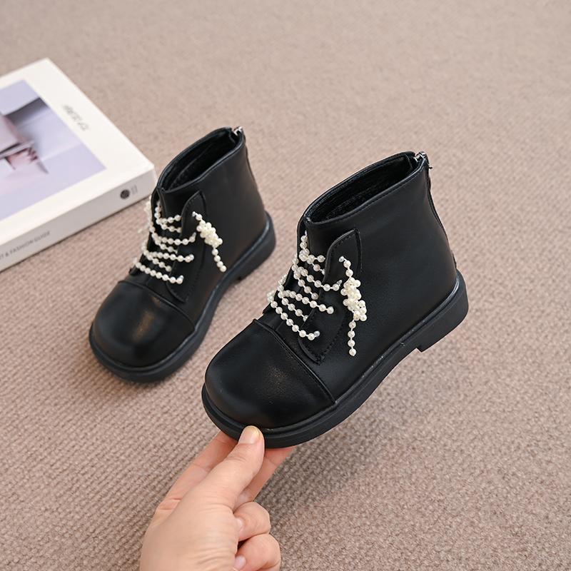 Девочки Жемчуг Принцесса Кожаные Сапоги Мода Детские Теплые Хлопковые Сапоги с Жемчугом Элегантные Детские Короткие Сапоги 2024 Зима Новинка